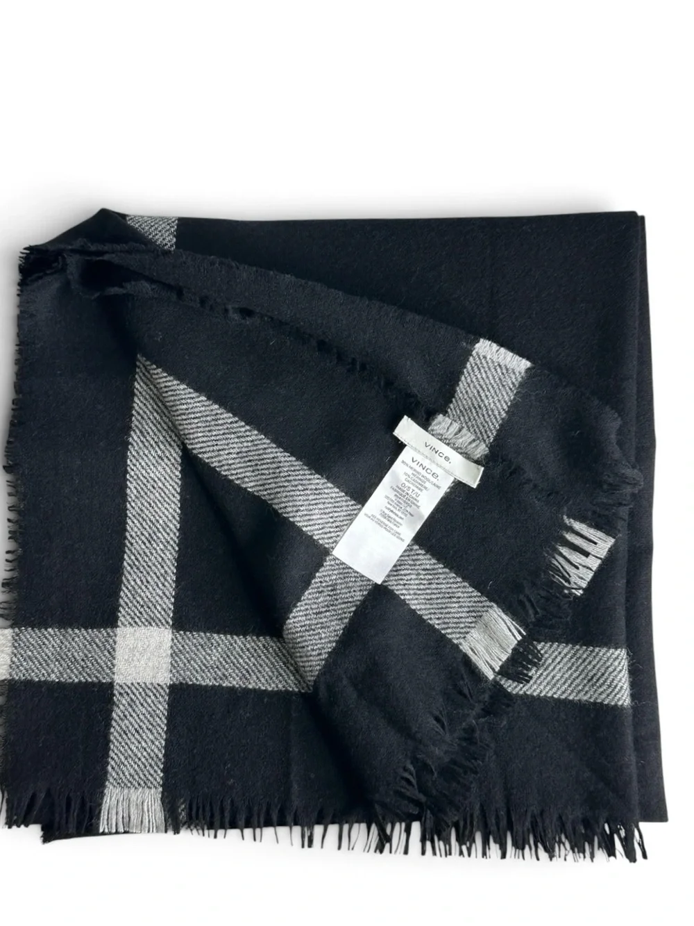 Vince Double-Face Check Merino Wool Cashmere Fringe Scarf Black Gray Border NWOT